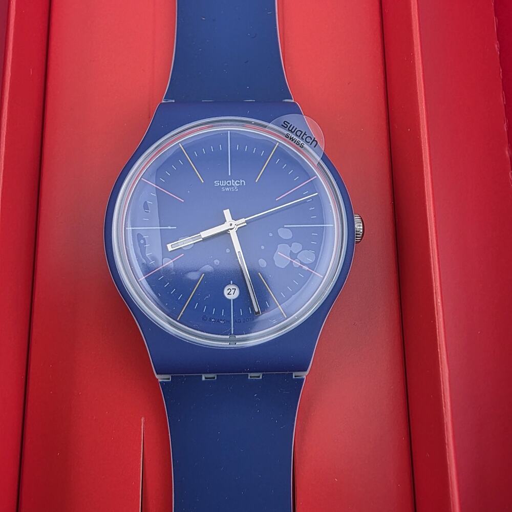 Swatch Blue Layered SUOS403 Quartz Blue Dial Watch New in Box Reverse strap 2019